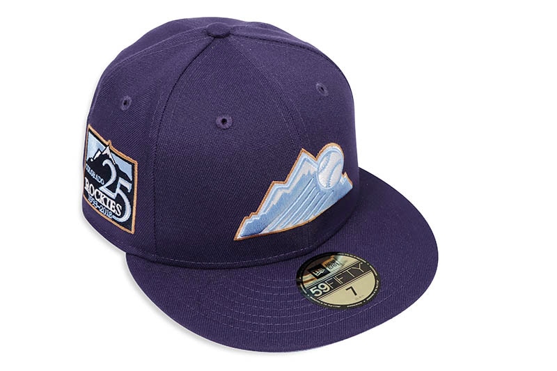 NEW ERA COLORADO ROCKIES 59FIFTY FITTED CAP (25TH ANNIVERSARY CUSTOM SIDE PATCH/SKY BLUE UNDER VISOR/PURPLE)