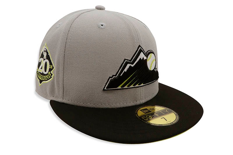 NEW ERA COLORADO ROCKIES 59FIFTY FITTED CAP (20TH ANNIVERSARY CUSTOM SIDE PATCH/NEON GREEN VISOR/COOL GREY)