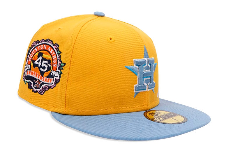 NEW ERA x HAT CLUB x JAETIPS FOREVER HOUSTON ASTROS 59FIFTY FITTED CAP (45TH ANNIVERSARY CUSTOM SIDE PATCH/GREY UNDER VISOR/GOLD LIGHT BLUE)