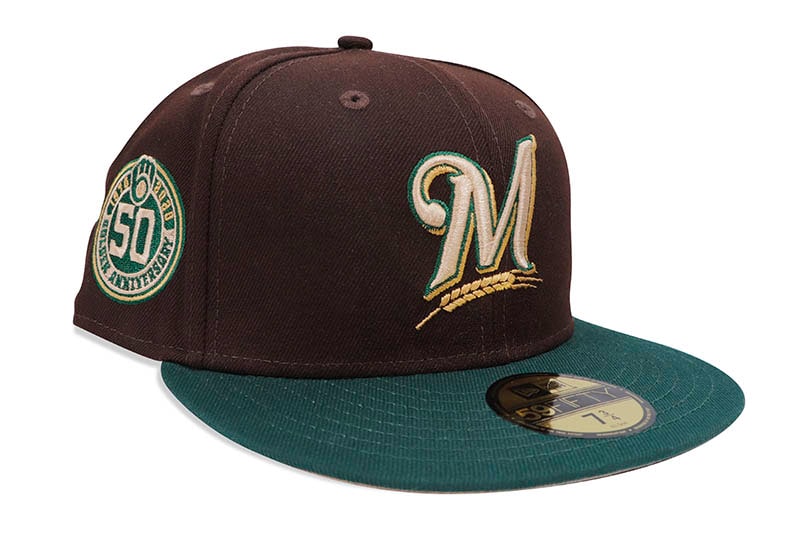 NEW ERA MILWAUKEE BREWERS 59FIFTY FITTED CAP (50TH ANNIVERSARY CUSTOM SIDE PATCH/SAND UNDER VISOR/WALNUT DARK GREEN)