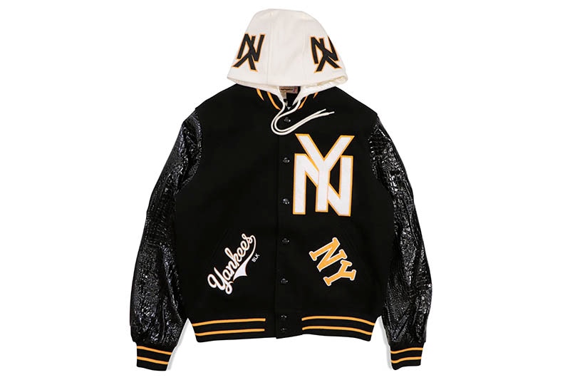 SD SPORT BLACK YANKEES VARSITY CROC LEATHERETTE MELTON HOODED JACKET (SM2333BK:BLACK)