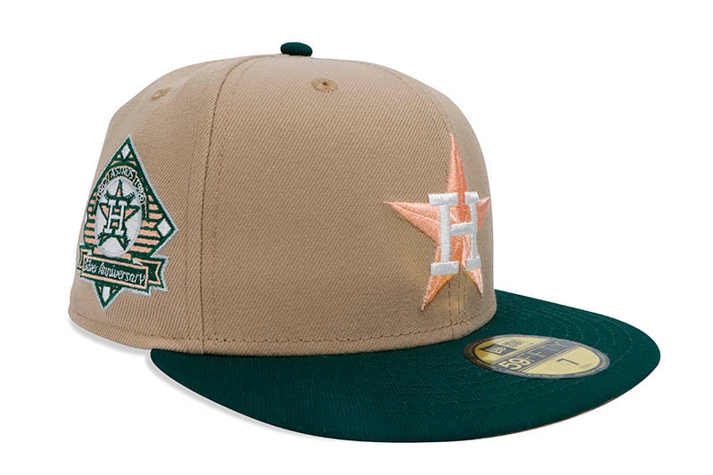 NEW ERA HOUSTON ASTROS 59FIFTY FITTED CAP (25TH ANNIVERSARY SIDE PATCH/PEACH UNDER VISOR/CAMEL DARK GREEN)