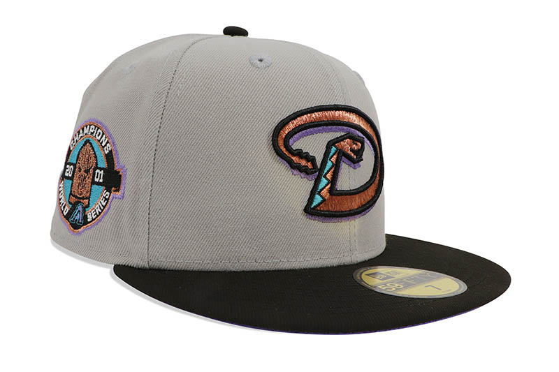 NEW ERA ARIZONA DIAMONDBACKS 59FIFTY FITTED CAP (2001 WORLD SERIES CHAMPIONS CUSTOM SIDE PATCH/PURPLE UNDER VISOR/GREY BLACK)