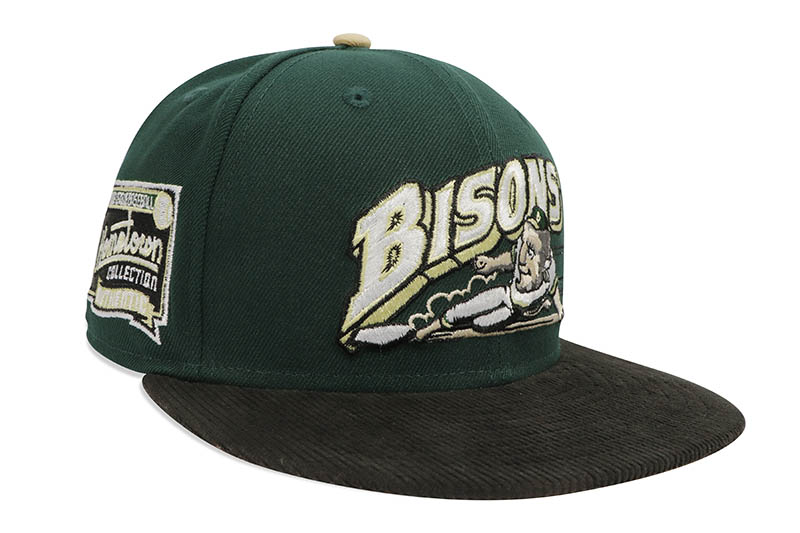 NEW ERA BUFFALO BISONS 59FIFTY FITTED CAP (HOMETOWN COLLECTION SIDE PATCH/VEGAS GOLD UNDER VISOR/DARK GREEN BLACK CORDUROY)