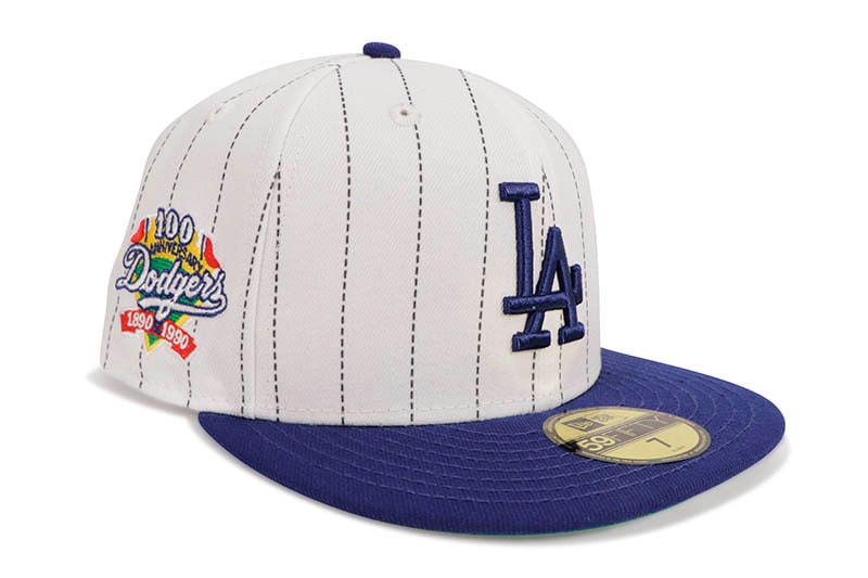 NEW ERA LOS ANGELES DODGERS 59FIFTY FITTED CAP (100TH ANNIVERSARY SIDE PATCH/GREEN UNDER VISOR/PINSTRIPE DARK ROYAL)