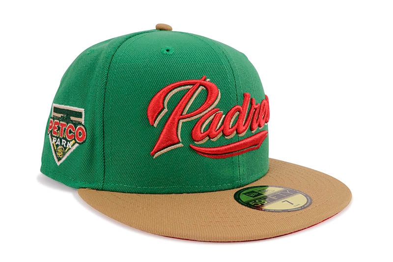 NEW ERA SAN DIEGO PADRES 59FIFTY FITTED CAP (PETCO PARK CUSTOM SIDE PATCH/RED UNDER VISOR/BOTANICAL GREEN WHEAT)