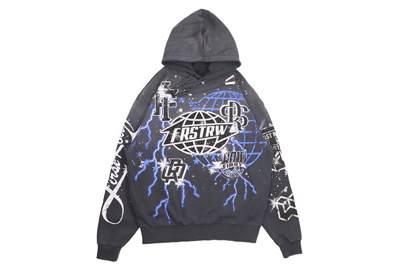 FIRST ROW ALL OVER LOGO PULLOVER HOODIE (FRF2477:GREY)