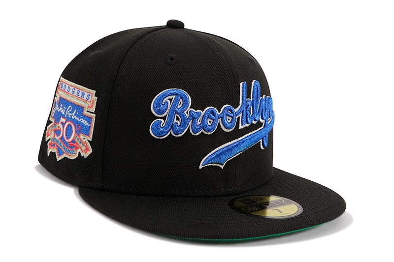 NEW ERA BROOKLYN DODGERS 59FIFTY FITTED CAP (JACKIE ROBINSON 50TH ANNIVERSARY SIDE PATCH/GREEN UNDER VISOR/BLACK)