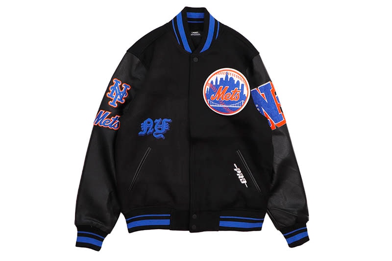 PRO STANDARD NEW YORK METS OLD ENGLISH RIB WOOL VARSITY JACKET (LNM633519-BRW:BLACK/ROYAL BLUE)