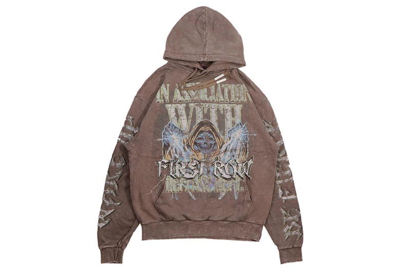 FIRST ROW DEFENSE DEPT HEAVY WASHED GRAPHIC HOODIE (FRF2480:CAFFE