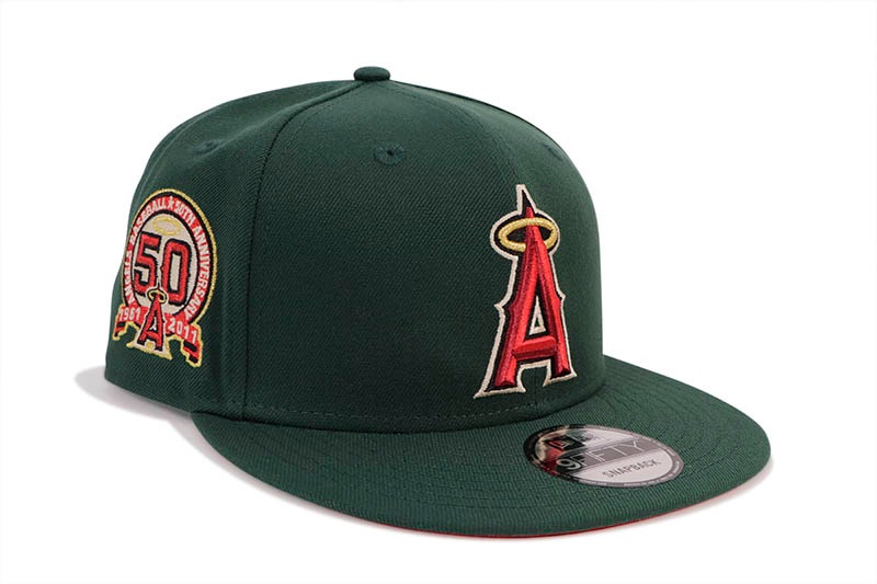 NEW ERA LOS ANGELES ANGELS 9FIFTY SNAPBACK CAP (50TH ANNIVERSARY SIDE PATCH/SCARLET UNDER VISOR/DARK GREEN)