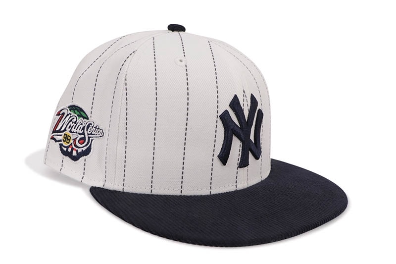 NEW ERA NEW YORK YANKEES 59FIFTY FITTED CAP (1998 WORLD SERIES CUSTOM SIDE PATCH/GREEN UNDER VISOR/PINSTRIPE NAVY CORDUROY)