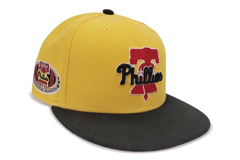 NEW ERA PHILADELPHIA PHILLIES 59FIFTY FITTED CAP (2004 INAUGURAL SEASON SIDE PATCH/GREY UNDER VISOR/GRILED YELLOW BLACK CORDUROY) 14507973