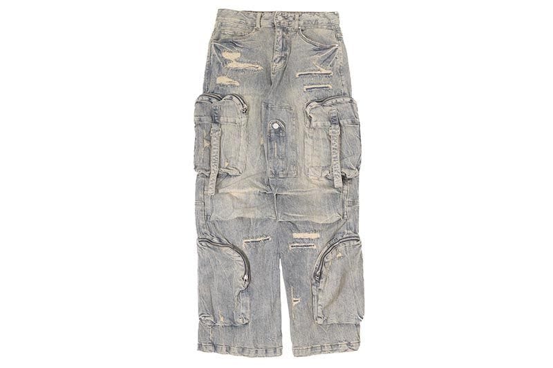 FIRST ROW WASHED MULTI CARGO DENIM Y2K PANTS (FRD3120:MEDIUM STONE TINT)