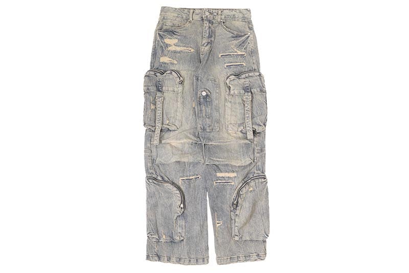 FIRST ROW WASHED MULTI CARGO DENIM Y2K PANTS (FRD3120:MEDIUM STONE