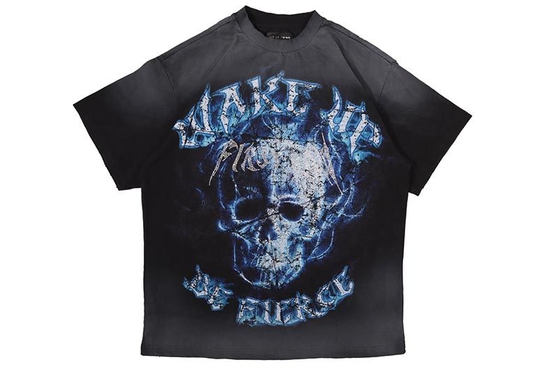 FIRST ROW WAKE UP AND BE FIERCE FLAME SKULL WASHED TEE (FRT2157:BLACK)