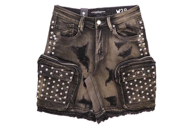 HOMME de DOULEUR STUDDED DENIM CARGO SHORTS (567:BLACK)