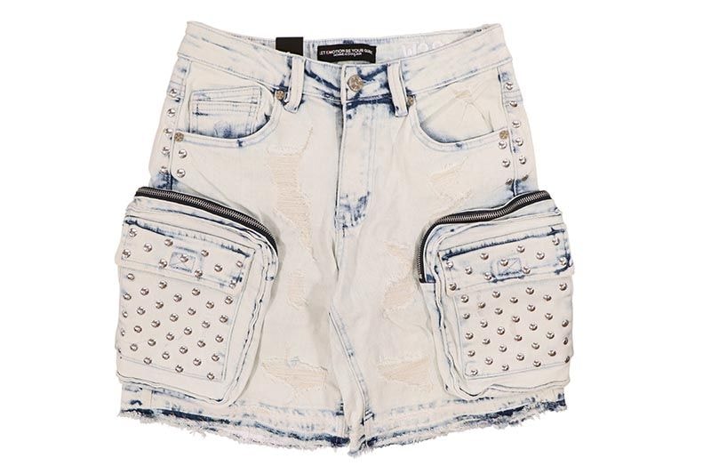 HOMME de DOULEUR STUDDED DENIM CARGO SHORTS (567:ICE BLUE)