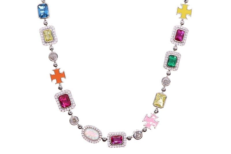 KD JEWELRY RAINBOW GEMSTONE CHAIN NECKLACE (KDJ062) (SILVER)
