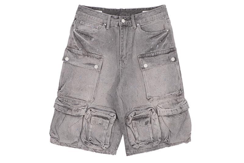 FIRST ROW WASHED MULTI CARGO DENIM JORTS (FRS3015:GREY STONE)