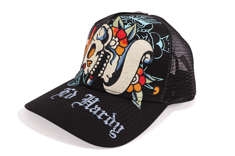 ED HARDY EMBROIDERED TIGER SKULL TRUCKER HAT (BLACK) EHH0001