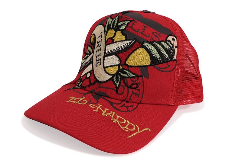 ED HARDY EMBROIDERED DAGGER TRUCKER HAT (RED) EHH0001-60