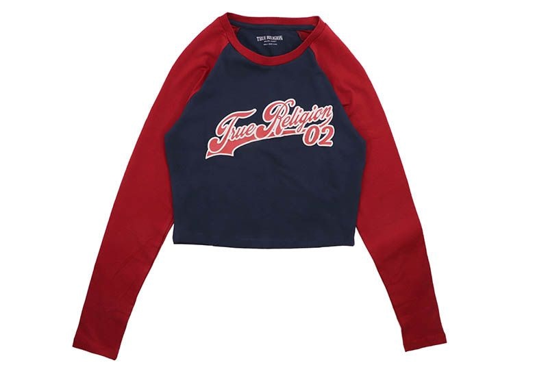TRUE RELIGION CONTRAST LONG SLEEVE BASEBALL TEE (208408:DRESS BLUE/RED DAHLIA)