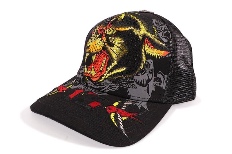 ED HARDY PANTHER HEAD RHINESTONE TRUCKER HAT (BLACK) EHH0001-47RS