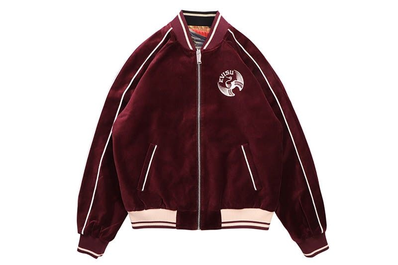 EVISU CRANE AND LOGO EMBROIDERY REGULAR FIT REVERSIBLE BOMBER JACKET (2EAHTM5JK1027XXSN:BURGUNDY)