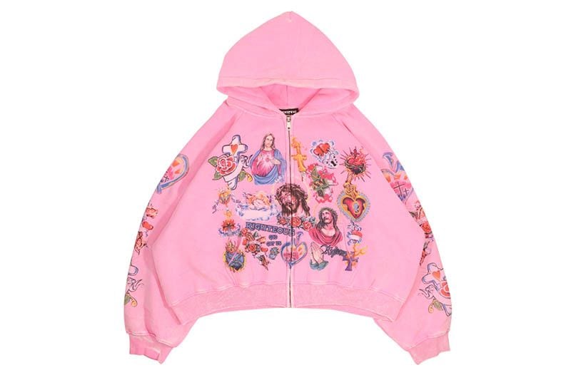 WE ARE RIGHTEOUS RISEN KING CROPPED ZIP-UP HOODIE (PINK)