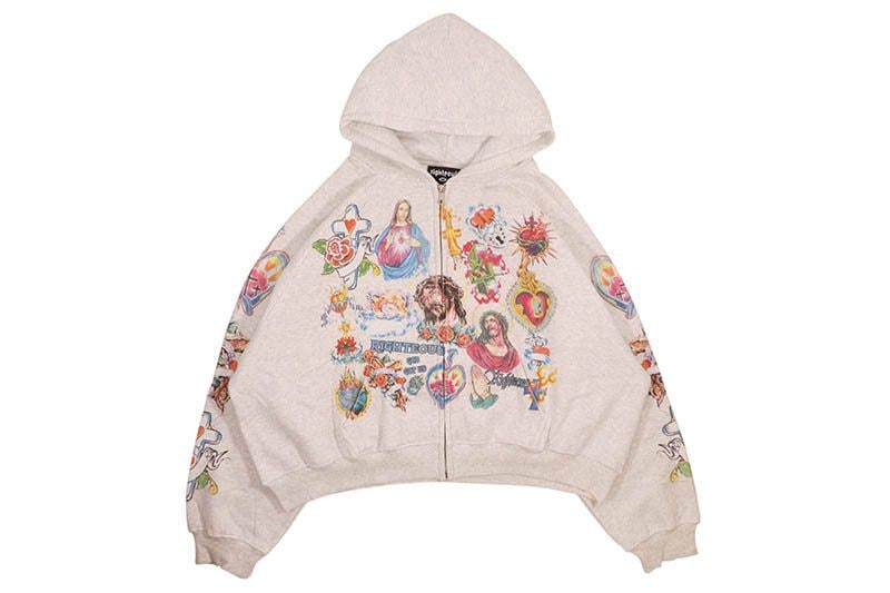 WE ARE RIGHTEOUS RISEN KING CROPPED ZIP-UP HOODIE (GREY)