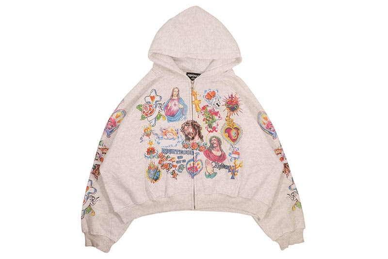 【中古】 At Your Own Risk グロウ WE ARE RIGHTEOUS RISEN KING CROPPED ZIP-UP HOODIE (GREY