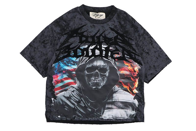 BKYS FALLEN SOLDIER WITH RHINESTONES CROPPED TOP TEE (T1331:WASHED BLACK)