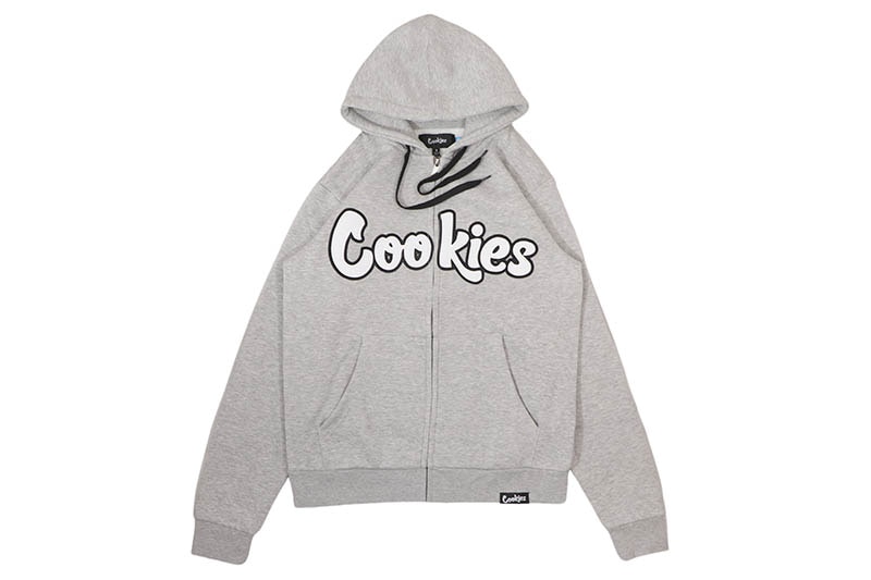 COOKIES ORIGINAL LOGO TWILL APPLIQUE ZIP FRONT HOODIE (GREY HEATHER/WHITE) CM253HFC13