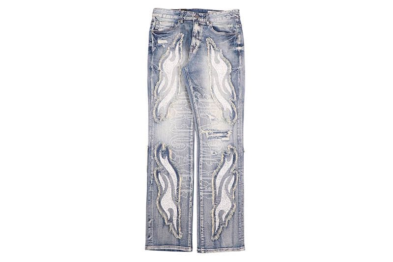 SMOKE RISE LONG STRAIGHT DYSTOPIA FRAY PATCHED JEANS (JP25248:RHODES BLUE)