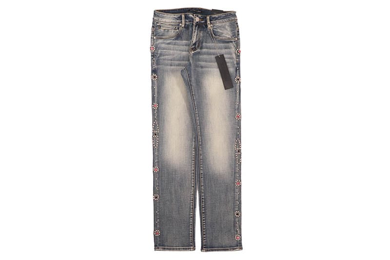 EMBELLISH ENAMEL STUDDED STRAIGHT DENIM (EMBSPR24-044:INDIGO 