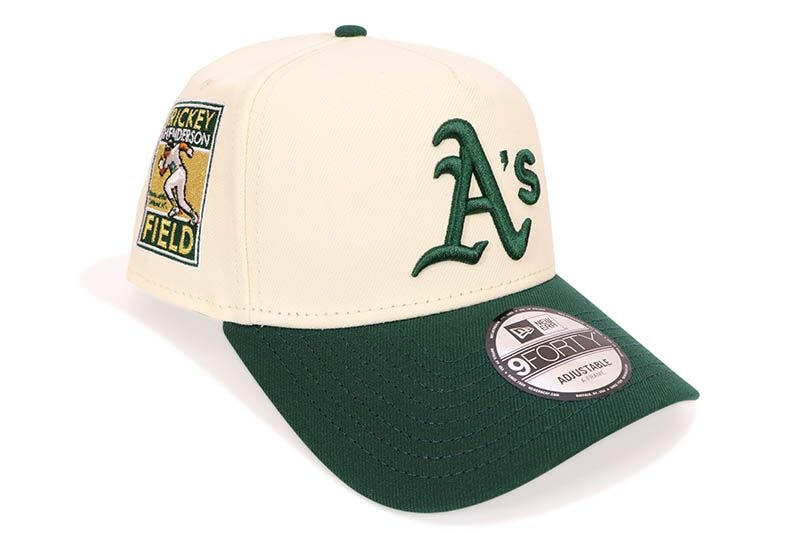 NEW ERA OAKLAND ATHLETICS 9FORTY AF ADJUSTABLE CAP (RICKEY HENDERSON FIELD SIDE PATCH/GREY UNDER VISOR/CHROME DARK GREEN)
