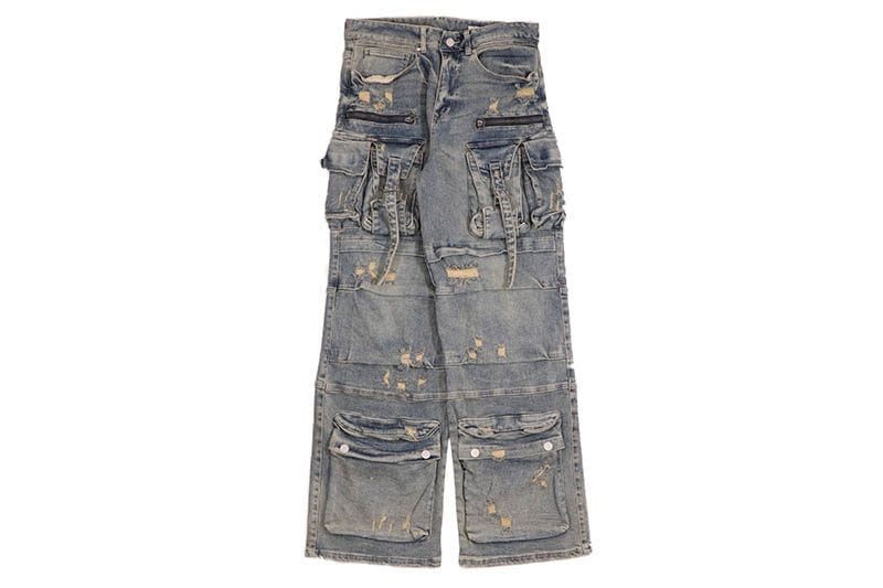 FIRST ROW Y2K UTILITY CARGO DENIM PANTS (FRD3116:MEDIUM STONE TINT)