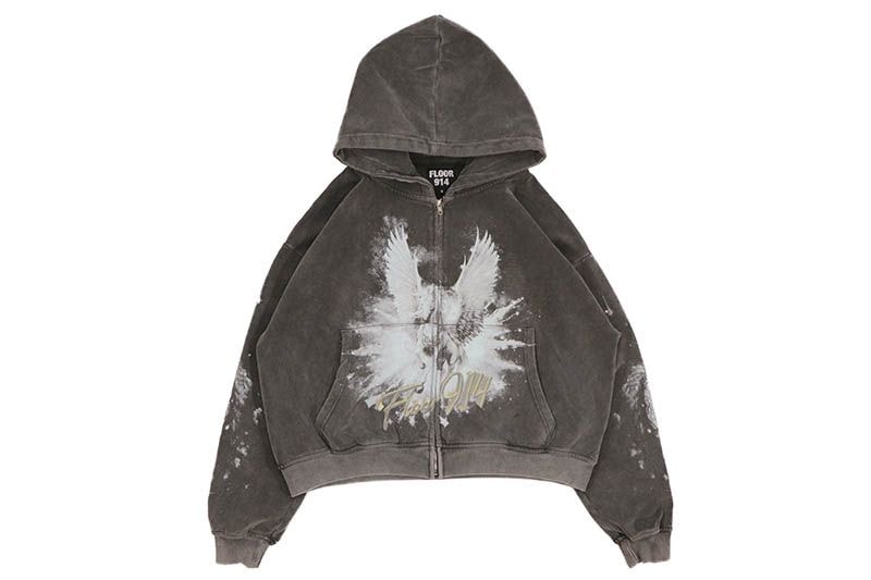 FLOOR 914 WING ZIP HOODIE (BLACK WASH)