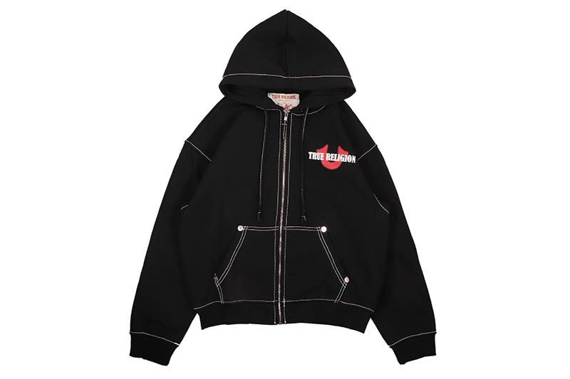 TRUE RELIGION BIG T CINCHED ZIP P HOODIE (109957:JET BLACK)
