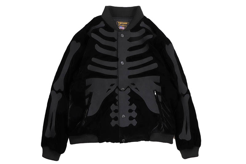 VANSON 50TH ANNIVERSARY SKELTON BONES VELVETEEN BOMBER JACKET