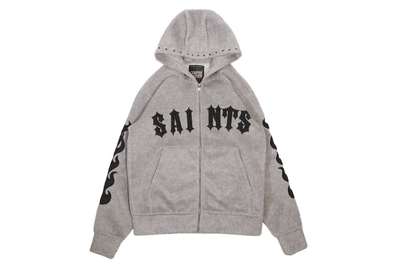 COPPER RIVET SAINTS MOHAIR PEARL EMBROIDERY ZIP HOODIE (531081-GY:GRAY)