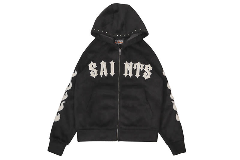 COPPER RIVET SAINTS MOHAIR PEARL EMBROIDERY ZIP HOODIE (531081-BK:BLACK)