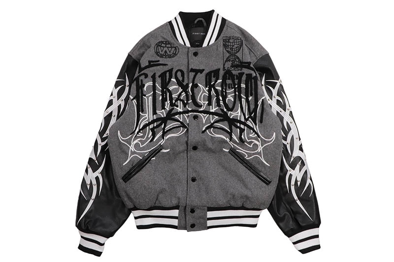 FIRST ROW Y2K TRIBAL VARSITY JACKET (FRJ0081:GREY)