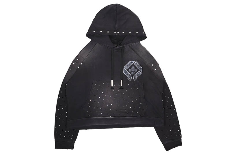 FIRST ROWFIRST ROW WASHED CROP RHINESTONE HOODIE (FRF2208:BLACK)