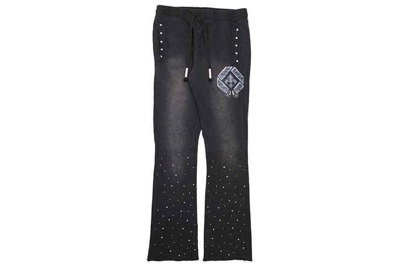 FIRST ROW WASHED RHINESTONE SWEAT PANTS (FRB2208:BLACK)