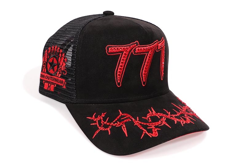 HUDSON OUTERWEAR V2 DIAMOND 777 SUEDE TRUCKER HAT (CD0365:BLACK/RED)