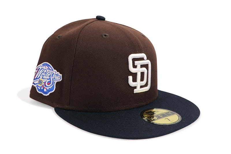 NEW ERA SAN DIEGO PADRES 59FIFTY FITTED CAP (1998 WORLD SERIES CUSTOM SIDE PATCH/GREY UNDER VISOR/BURNTWOOD NAVY) 70945496