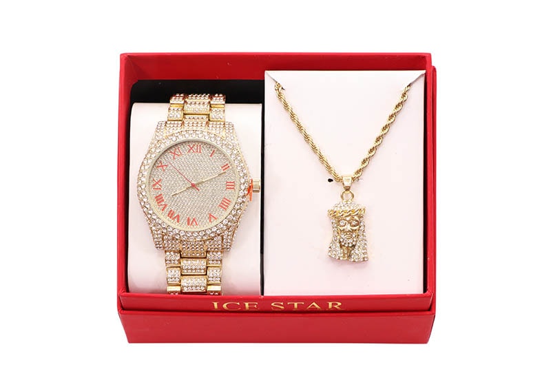 ICE STAR WRISTWATCH & JESUS NECKLACE (P2K-G-RD-293) GOLD