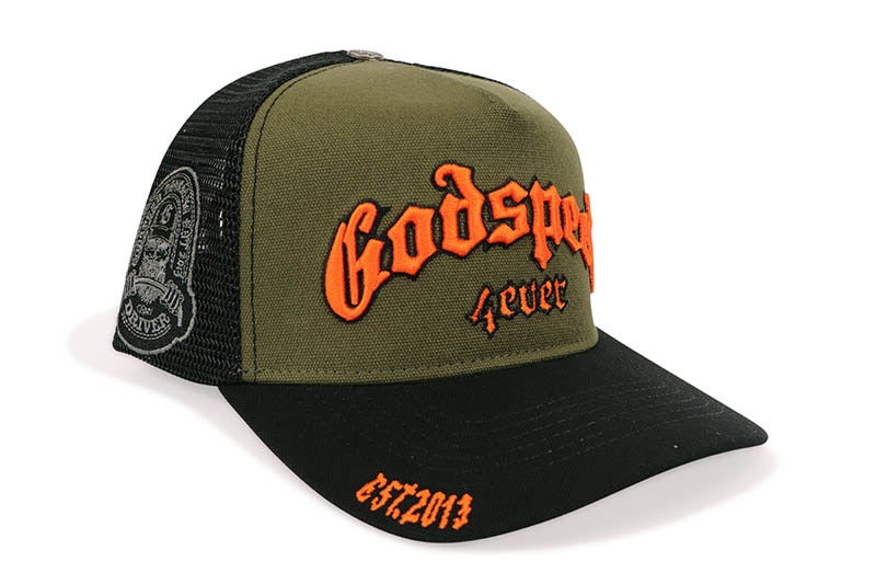 GODSPEED NEW YORK GS FOREVER TRUCKER HAT (OLIVE/ORANGE) | Brand